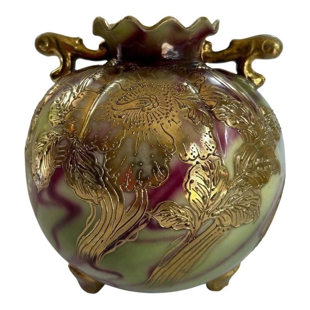 Antique Morimura Gumi Porcelain Gold Leaf Floral‎ Vase -Maple Leaf Nippon